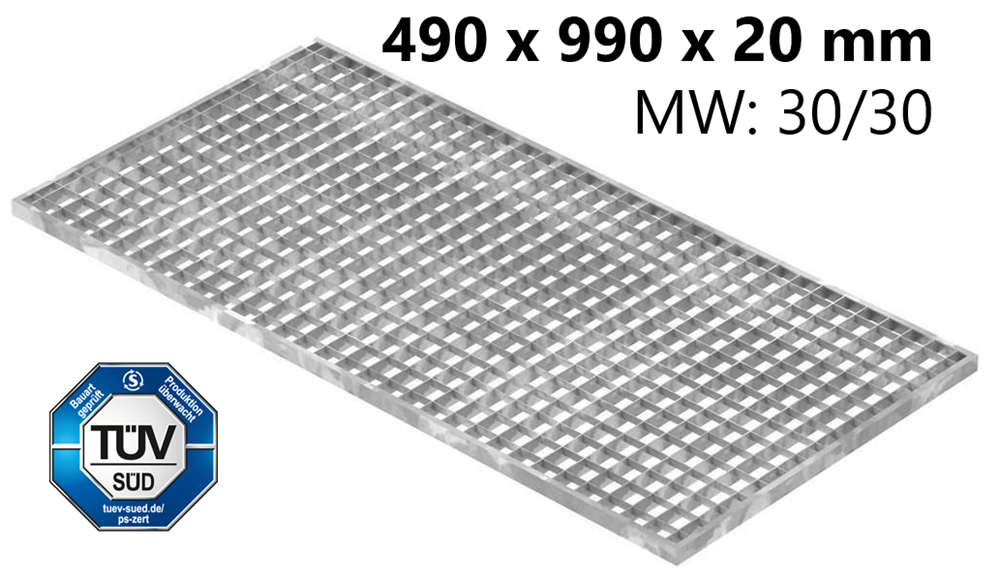 light well grating construction standard grating | dimensions: 490x990x20 mm 30/30 mm | made of S235JR (St37-2), hot-dip galvanized in full bath