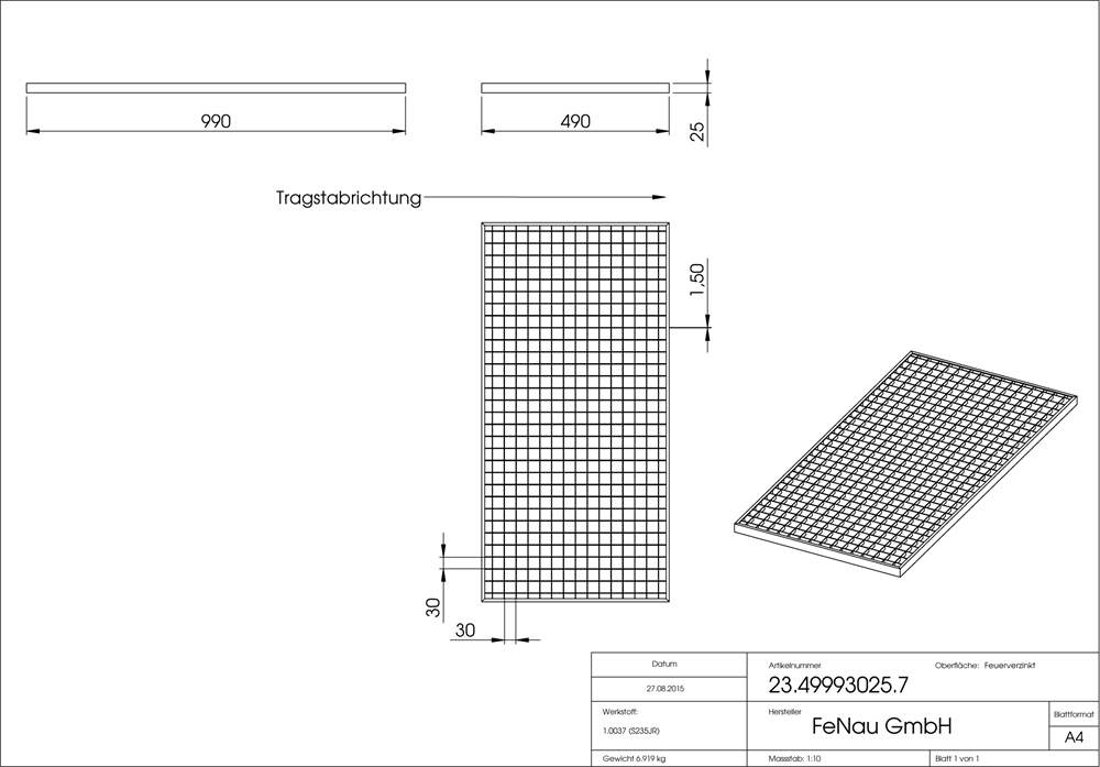 light well grating construction standard grating | dimensions: 490x990x25 mm 30/30 mm | made of S235JR (St37-2), hot-dip galvanized in full bath