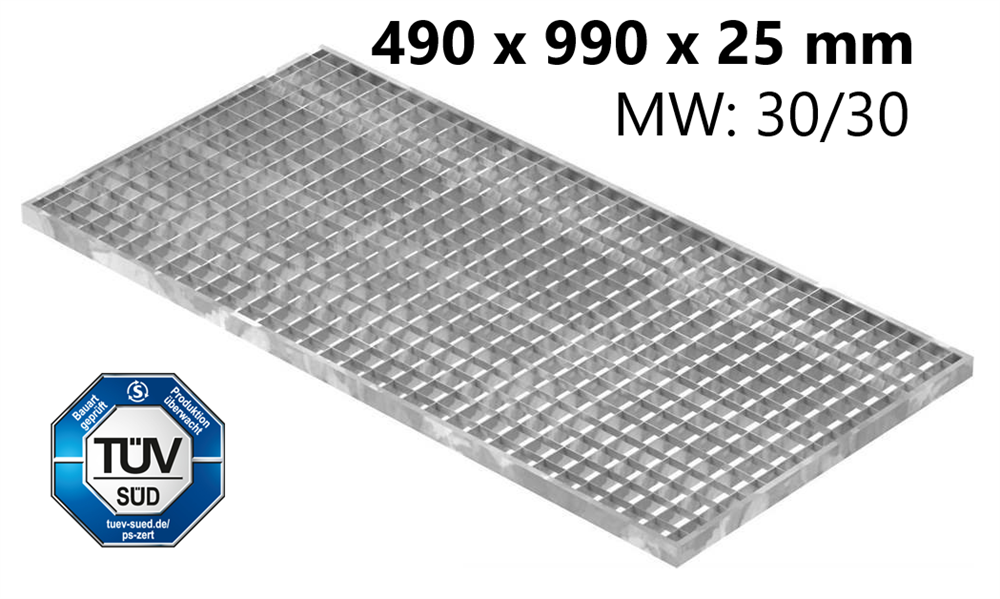 light well grating construction standard grating | dimensions: 490x990x25 mm 30/30 mm | made of S235JR (St37-2), hot-dip galvanized in full bath