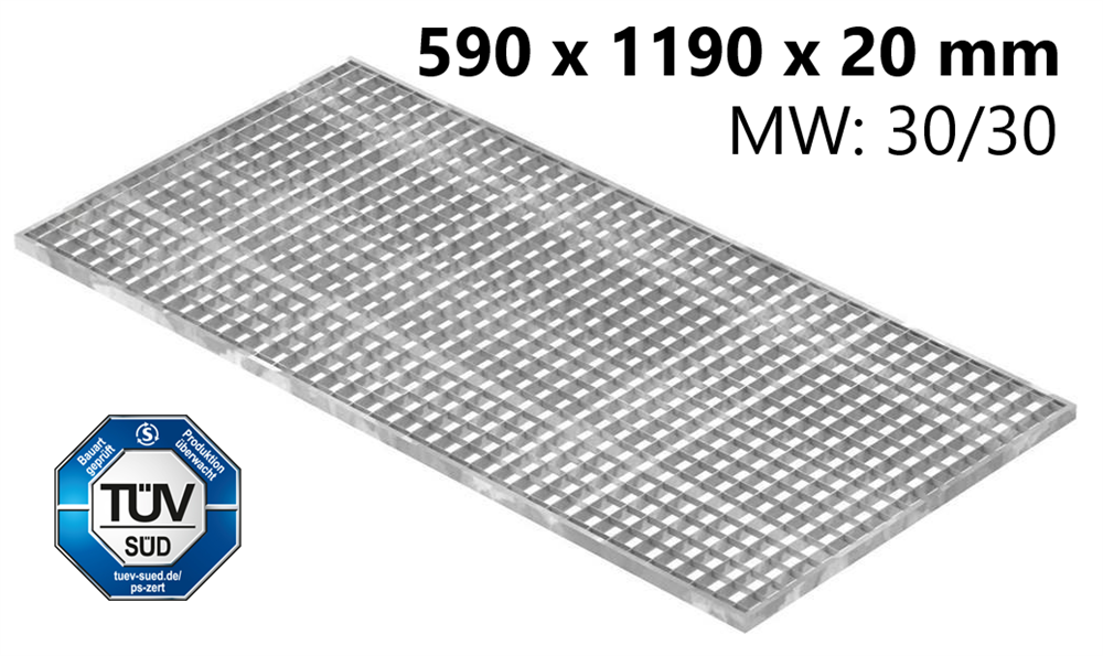 light well grating construction standard grating | dimensions: 590x1190x20 mm 30/30 mm | made of S235JR (St37-2), hot-dip galvanized in full bath
