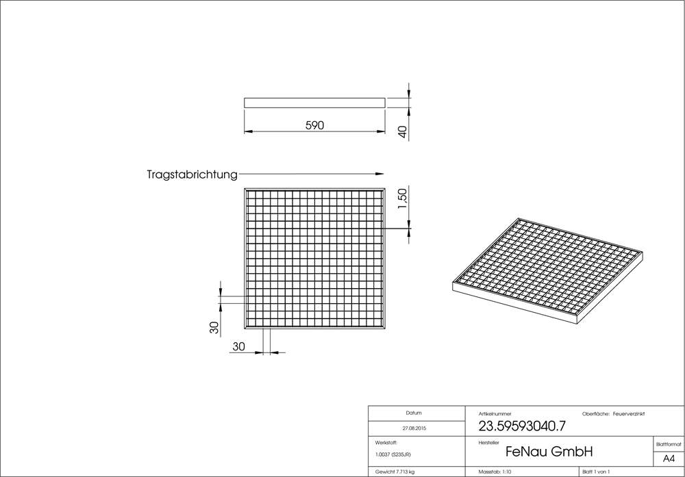 Garage grating | dimensions: 590x590x40 mm 30/30 mm | made of S235JR (St37-2), hot-dip galvanized in a full bath
