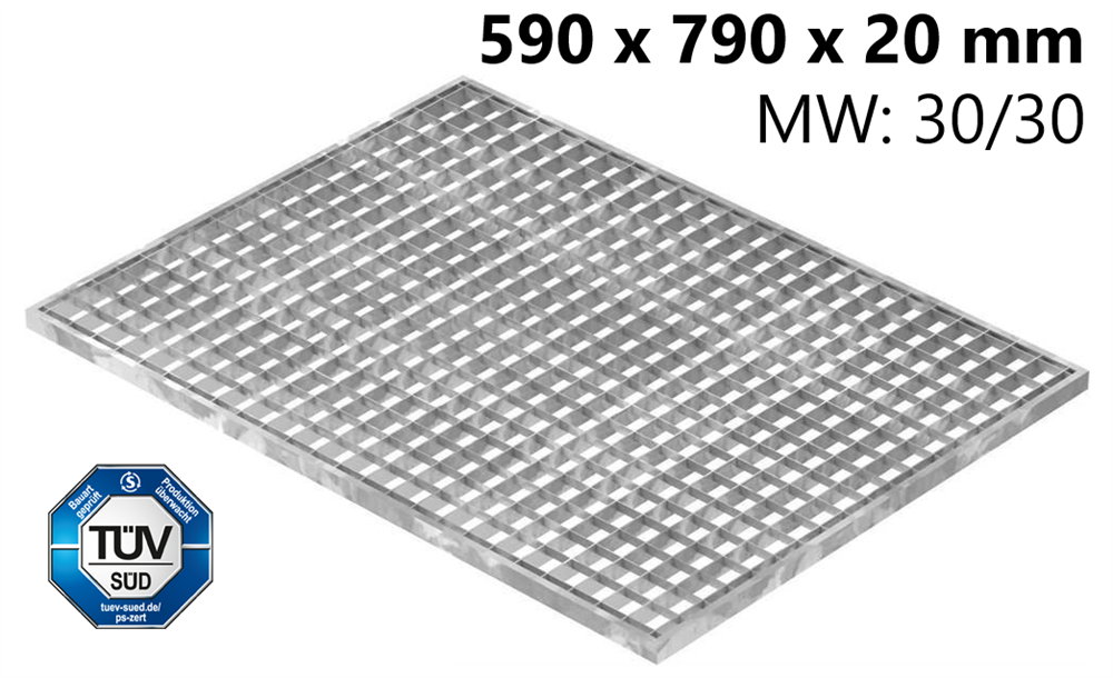 light well grating construction standard grating | dimensions: 590x790x20 mm 30/30 mm | made of S235JR (St37-2), hot-dip galvanized in full bath