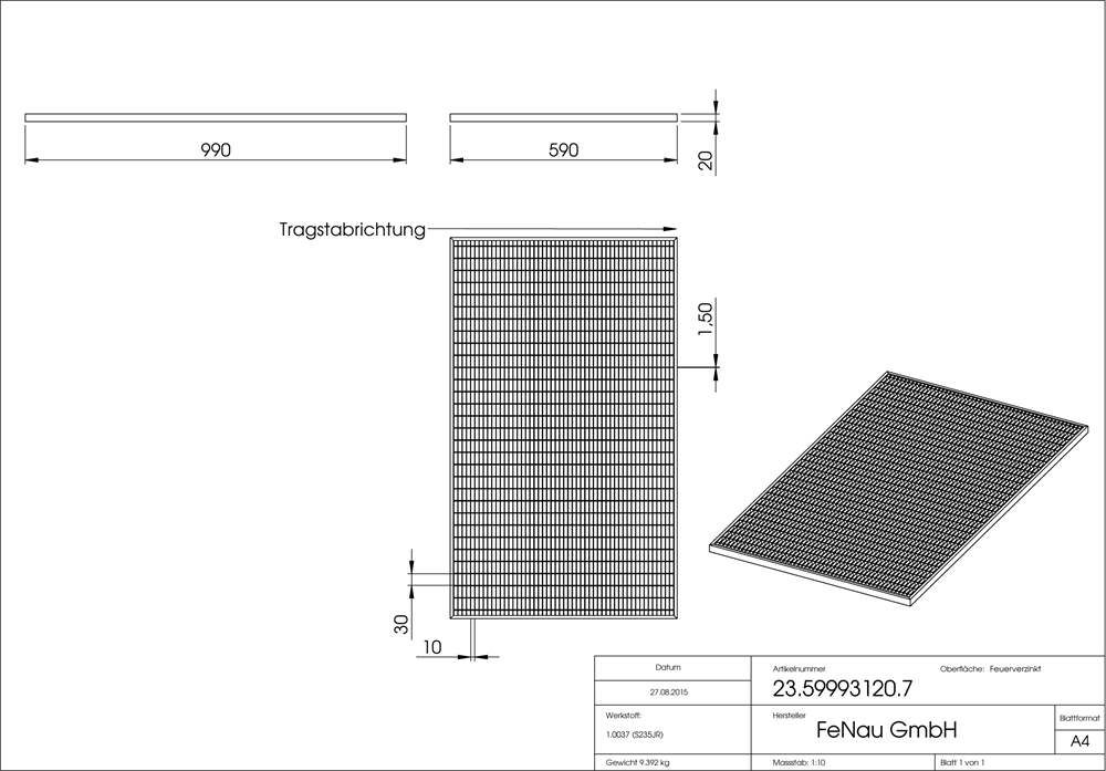 light well grating construction standard grating | dimensions: 590x990x20 mm 30/10 mm | made of S235JR (St37-2), hot-dip galvanized in full bath