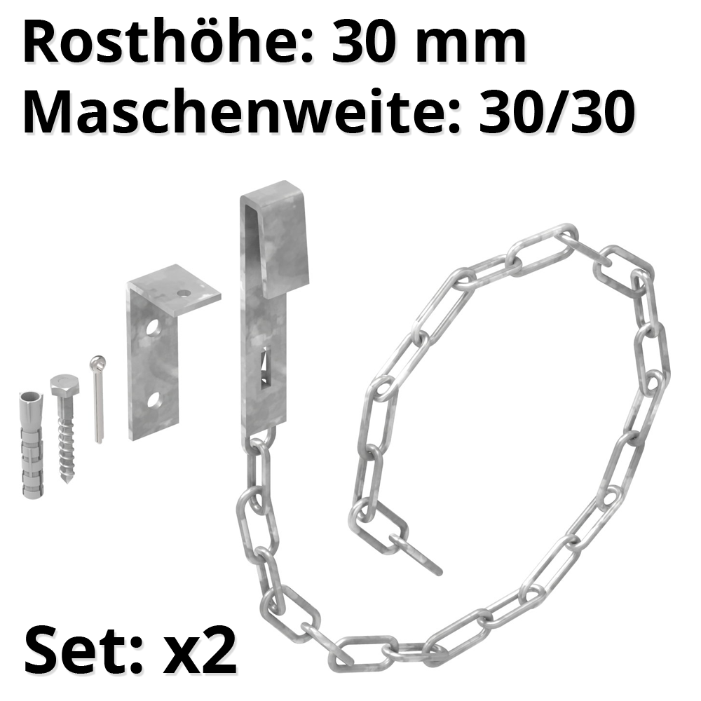 1 pair of safety chains for gratings | MW 30/30 mm | made of St37, hot-dip galvanized