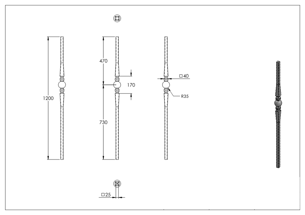 Initial bar | Length: 1200 mm | Material: 25x25 mm | Steel S235JR, raw