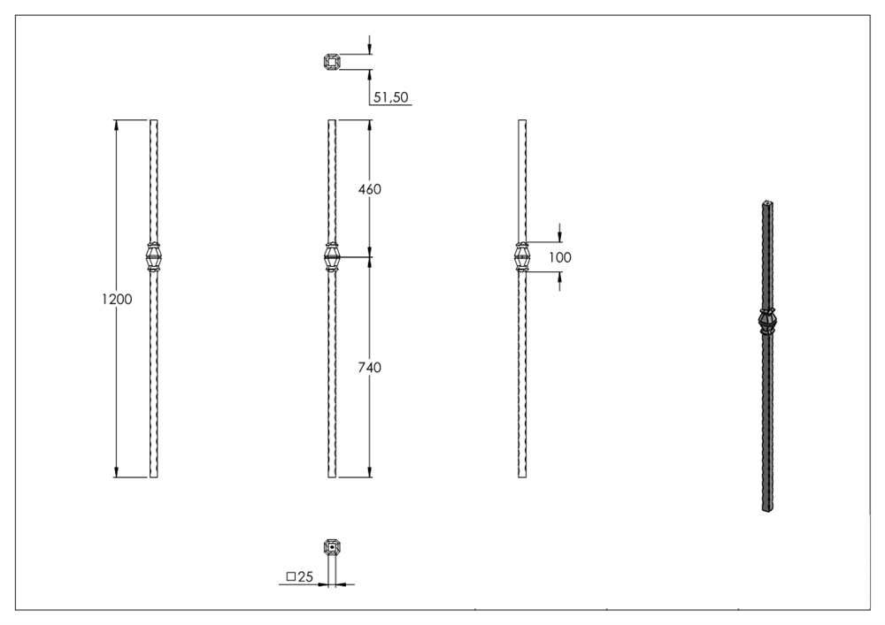 Initial bar | Length: 1200 mm | Material: 25x25 mm | Steel S235JR, raw