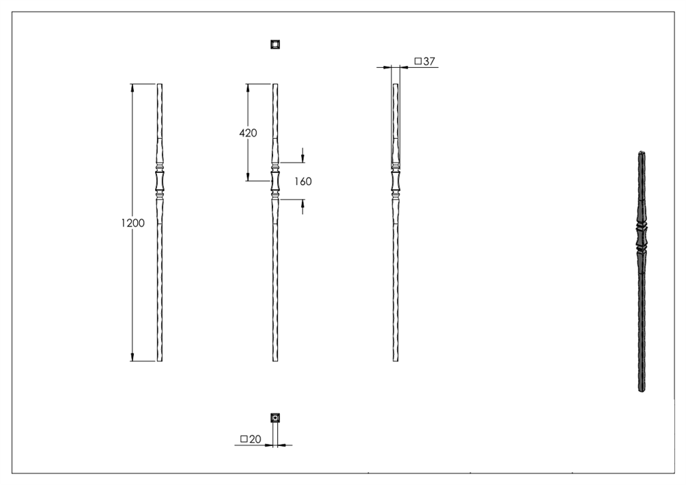 Initial bar | Length: 1200 mm | Material: 20x20 mm | Steel S235JR, raw
