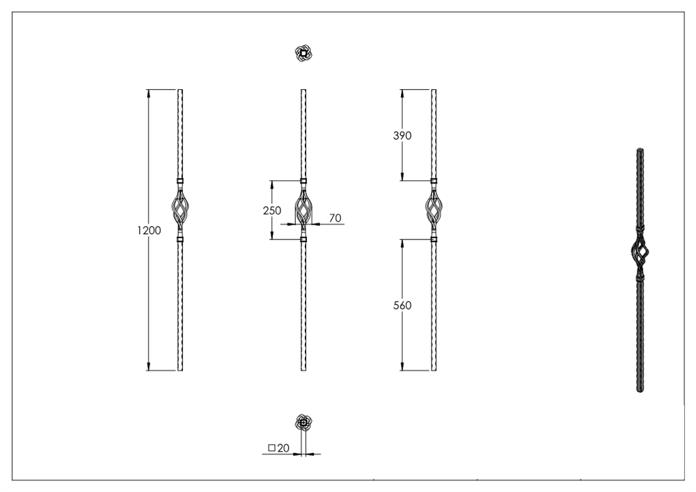 Initial bar | Length: 1200 mm | Material: 20x20 mm | Steel S235JR, raw