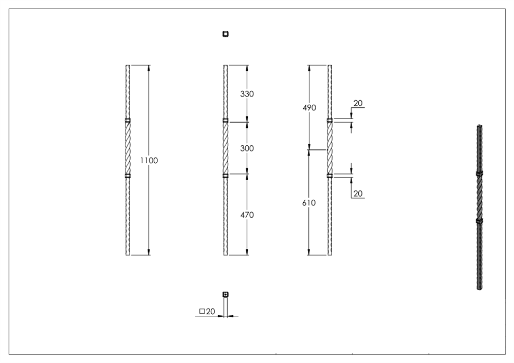Initial bar | Length: 1100 mm | Material: 20x20 mm | Steel S235JR, raw