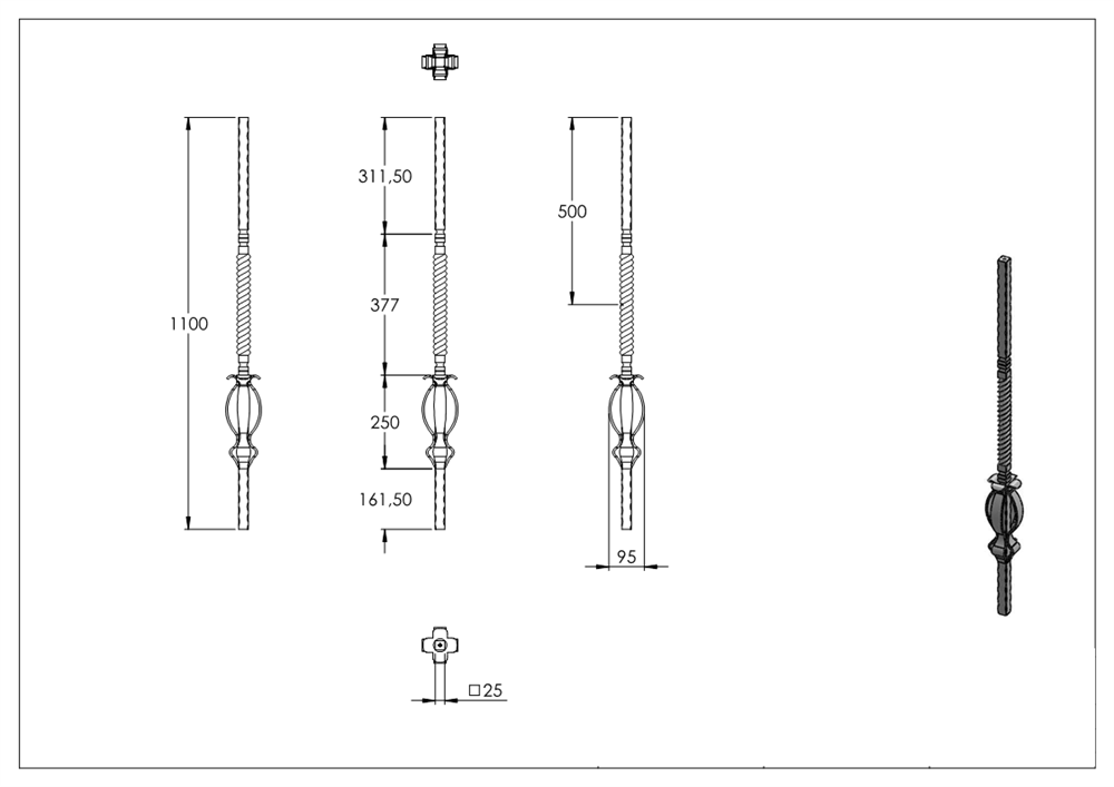 Initial bar | Length: 1100 mm | Material: 25x25 mm | Steel S235JR, raw