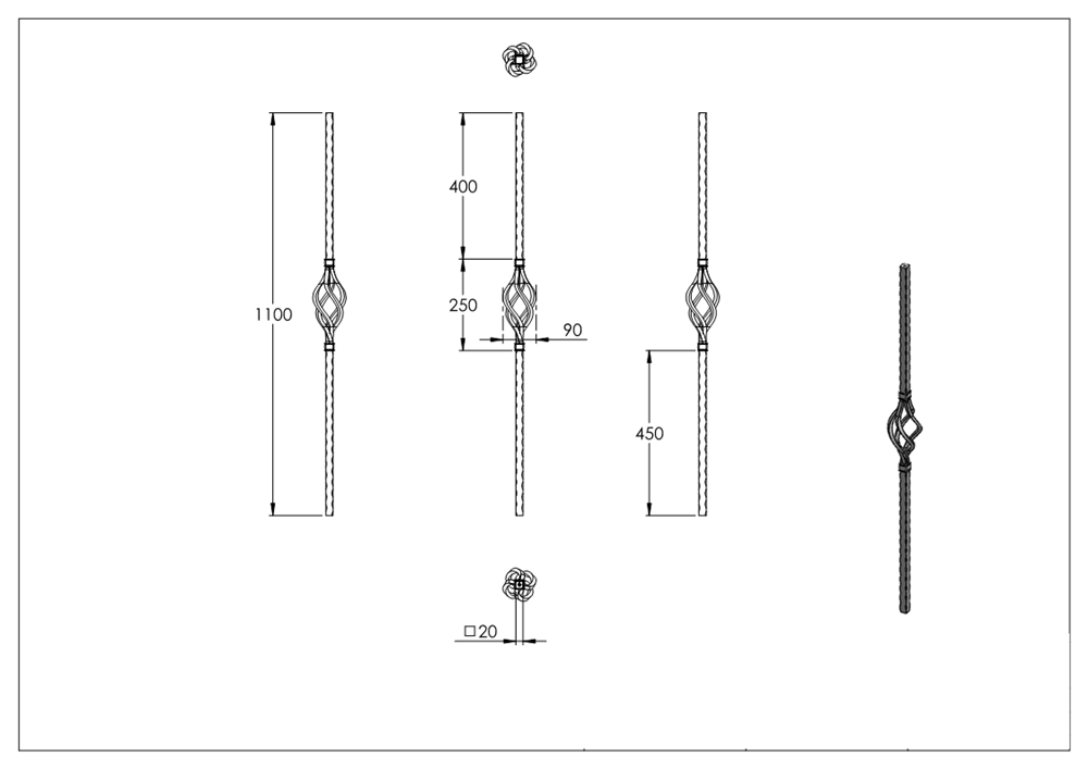 Initial bar | Length: 1100 mm | Material: 20x20 mm | Steel S235JR, raw