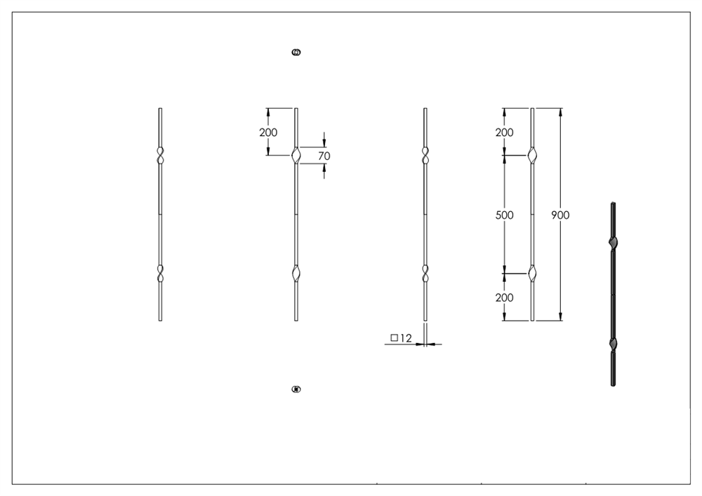 intermediate bar | length: 900 mm | material: 12x12 mm | smooth | steel S235JR, raw