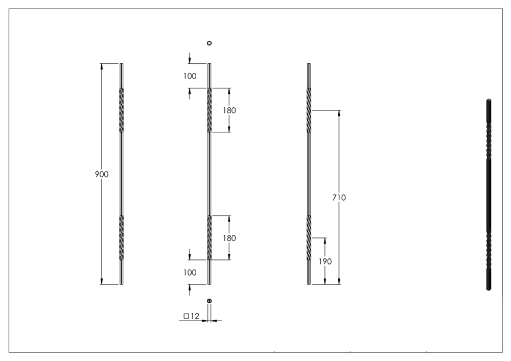 intermediate bar | length: 900 mm | material: 12x12 mm | grooved | steel S235JR, raw