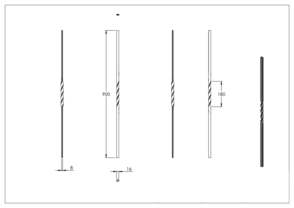 intermediate bar | length: 900 mm | material: 16x8 mm | grooved | steel S235JR, raw