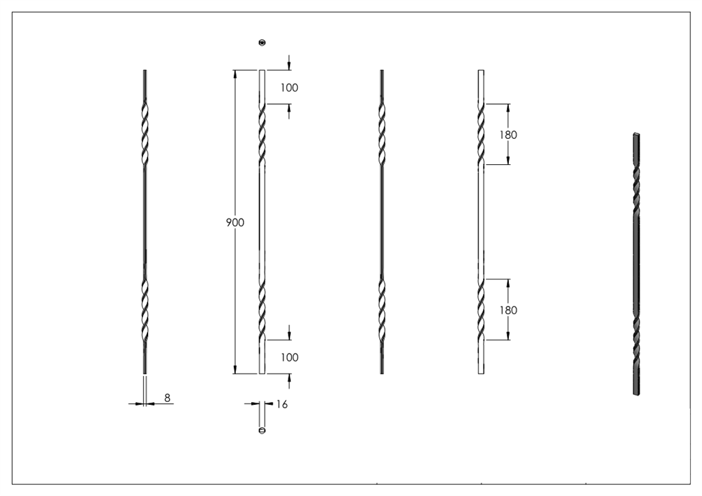 intermediate bar | length: 900 mm | material: 16x8 mm | grooved | steel S235JR, raw