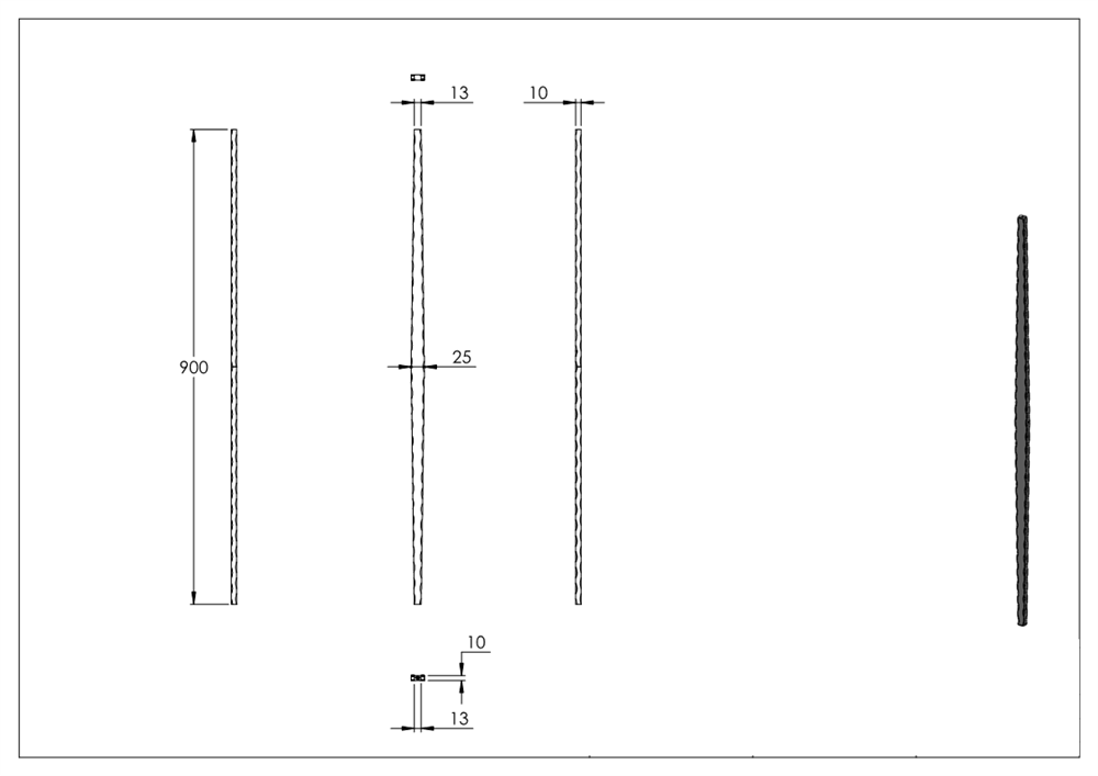 intermediate bar | length: 900 mm | material: 13x10 mm | hammered | steel S235JR, raw