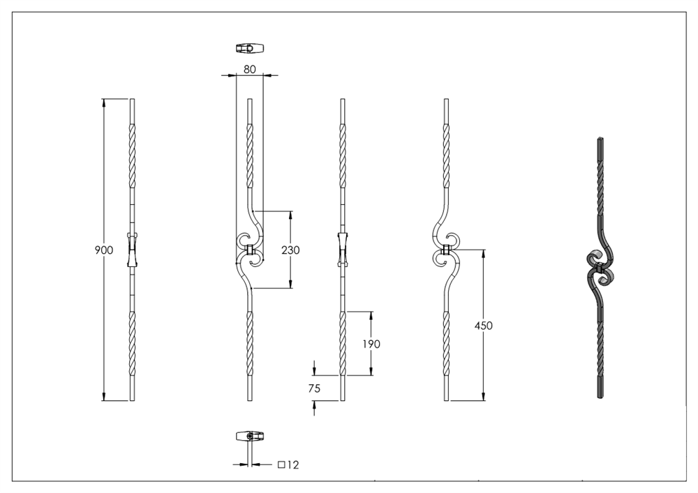 Decorative bar | length: 900 mm | material: 12x12 mm | smooth | steel (raw) S235JR