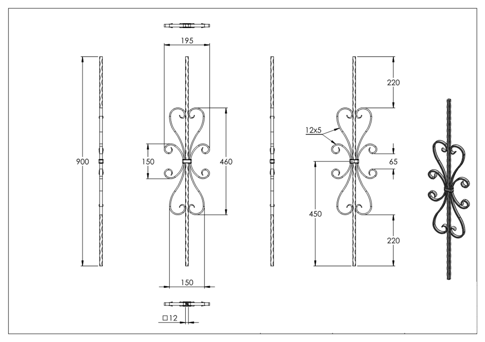 Decorative bar | length: 900 mm | material: 12x12 mm | smooth | steel (raw) S235JR