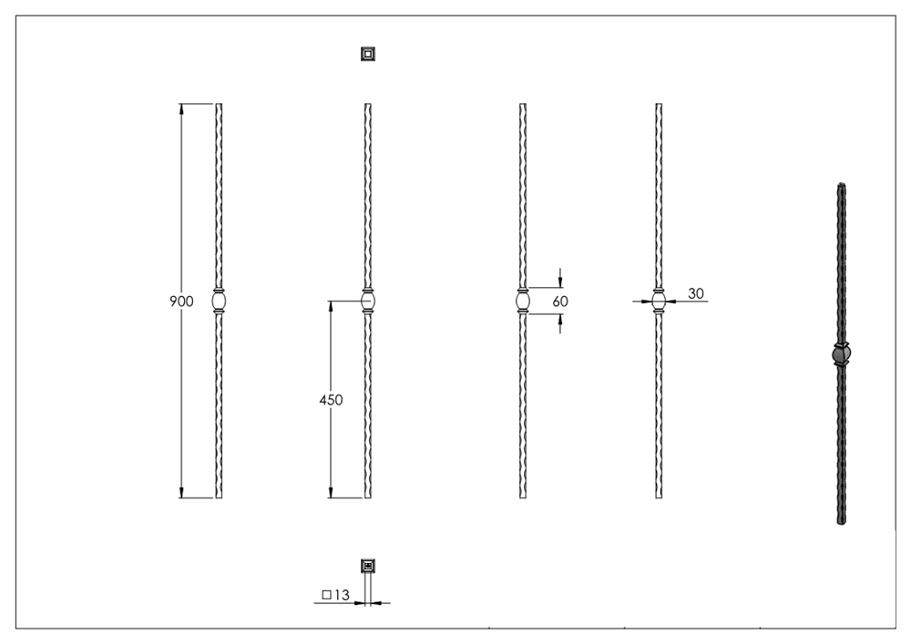 intermediate bar | length: 900 mm | material: 13x13 mm | hammered | steel S235JR, raw