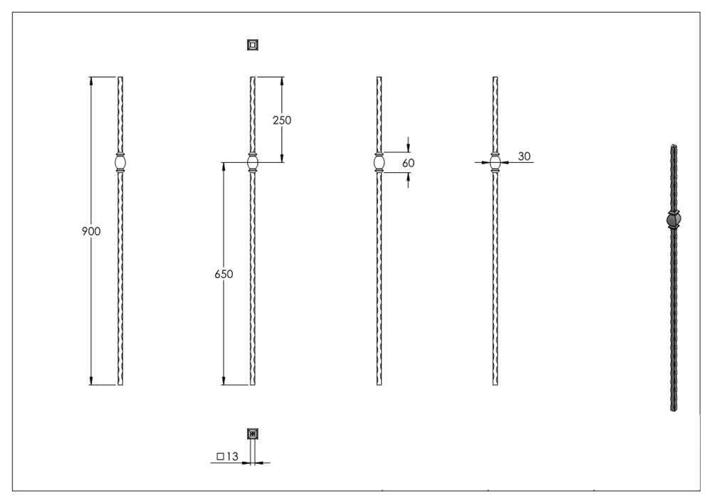 intermediate bar | length: 900 mm | material: 13x13 mm | hammered | steel S235JR, raw