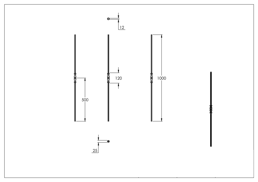 intermediate bar | length: 900 mm | material: 12 mm | round, hammered | steel S235JR, raw