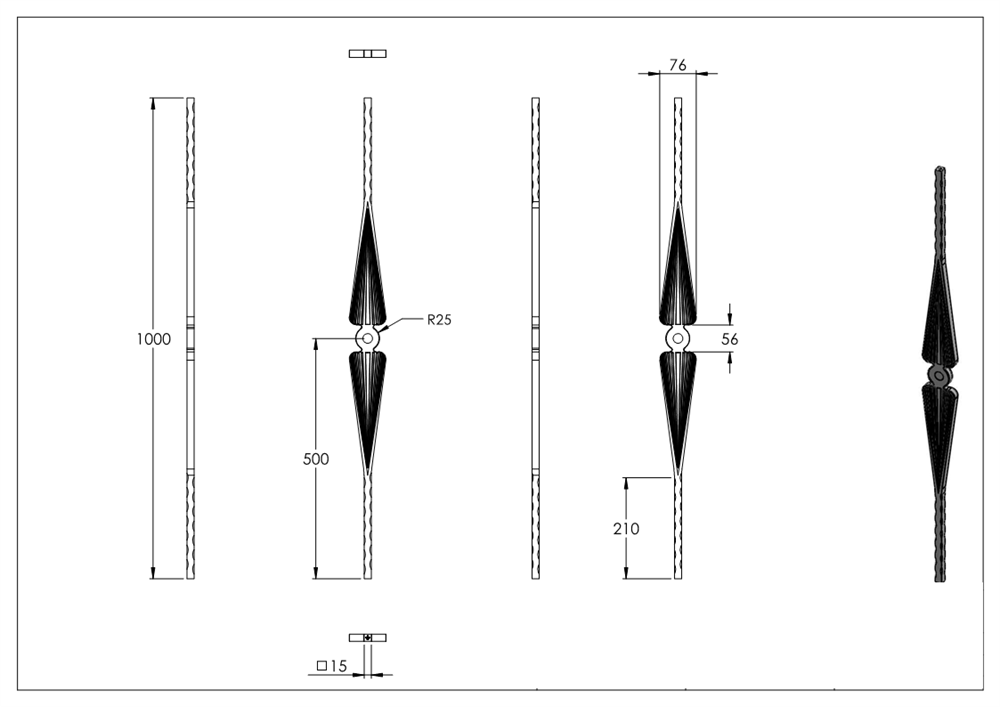 Decorative bar | length: 900 mm | material: 15x15 mm hammered | steel S235JR, raw
