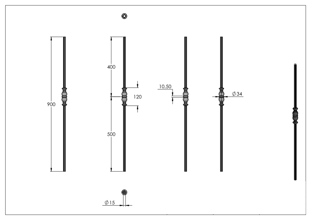 Decorative bar | Length: 900 mm | Material: Ø15 mm hammered | Steel S235JR, raw