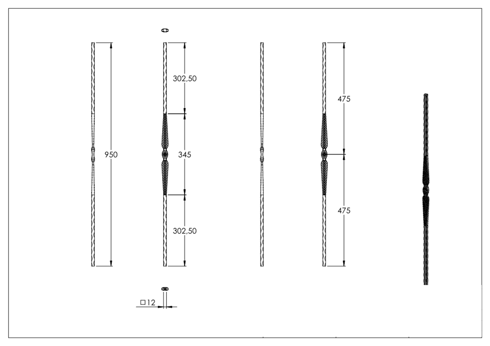 Decorative bar | length: 900 mm | material: 12x12 mm forged | steel S235JR, raw