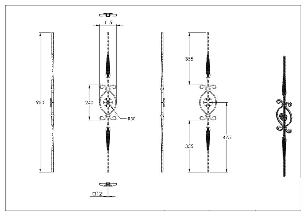 Decorative bar | length: 900 mm | material: 12x12 mm forged | steel S235JR, raw