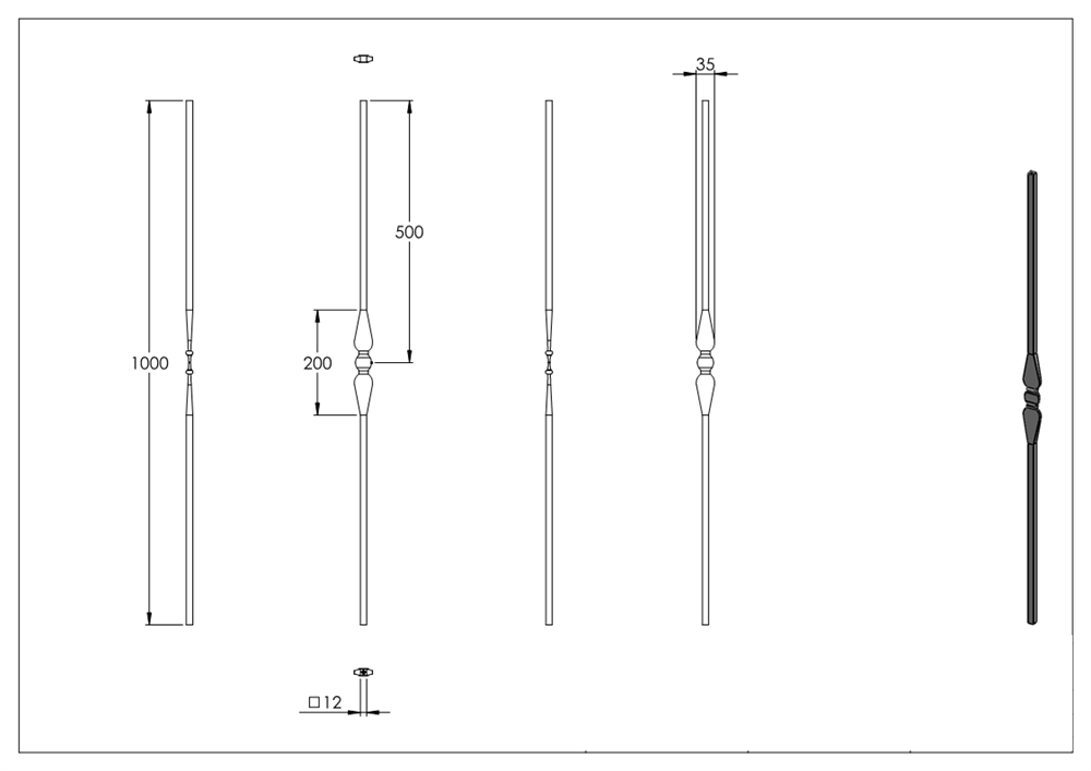 Decorative bar | length: 1000 mm | material: 12x12 mm smooth | steel S235JR, raw