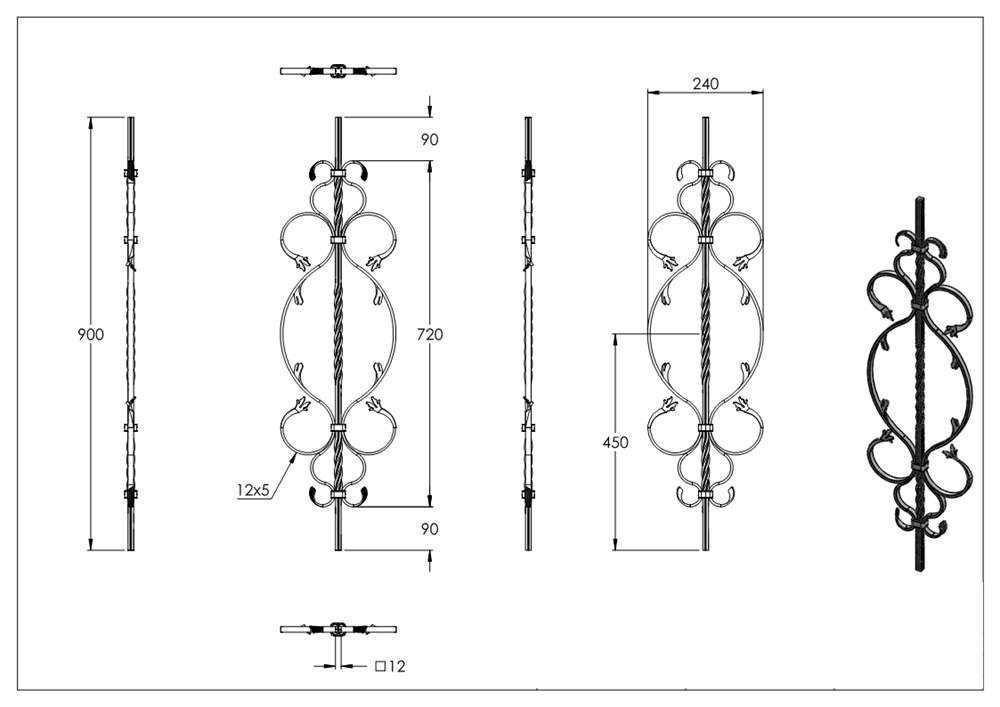 Decorative bar | length: 900 mm | material: 12x12 mm grooved | steel S235JR, raw