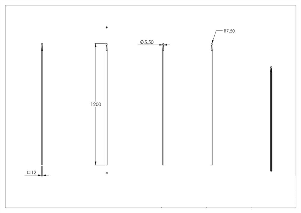 Fence rail | length: 1200 mm | material 12x12 mm ball Ø 16 mm | steel S235JR, raw