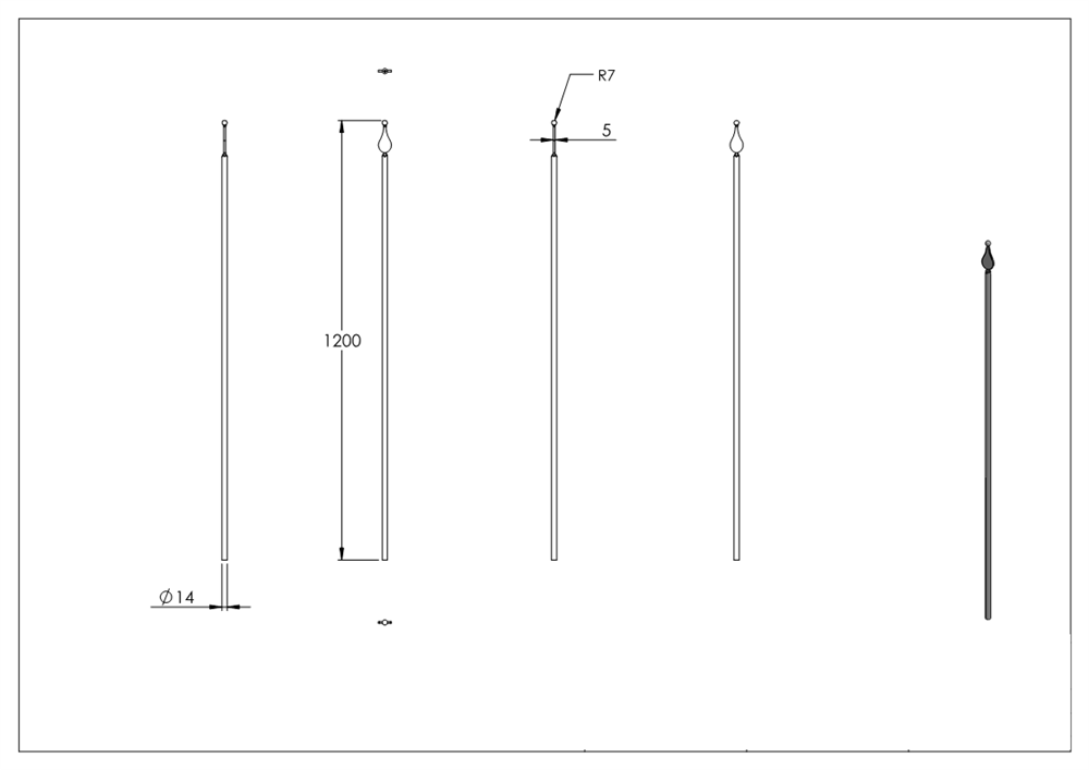 Fence rod | length: 1200 mm | material Ø 14 mm tip with ball | steel S235JR, raw