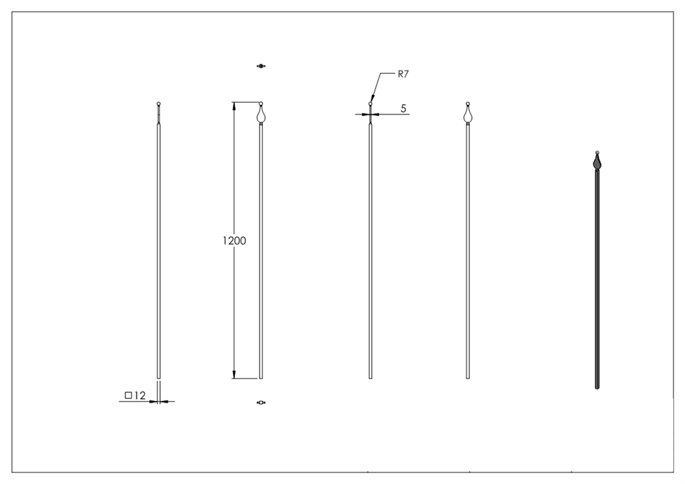 Fence rod | length: 1200 mm | material 12x12 mm tip with ball | steel S235JR, raw