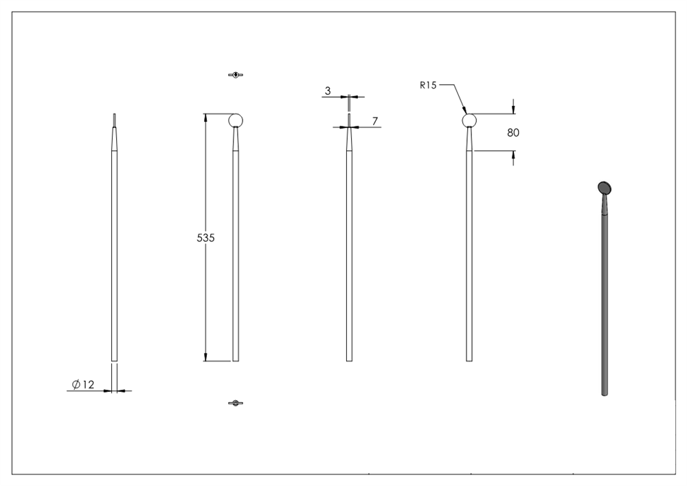 Fence rail | Length: 535 mm | Material Ø 12 mm Disc Ø 30 mm | Steel S235JR, raw