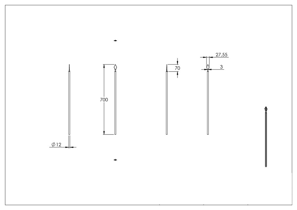 Fence rod | Length: 700 mm | Material Ø 12 mm tip | Steel S235JR, raw