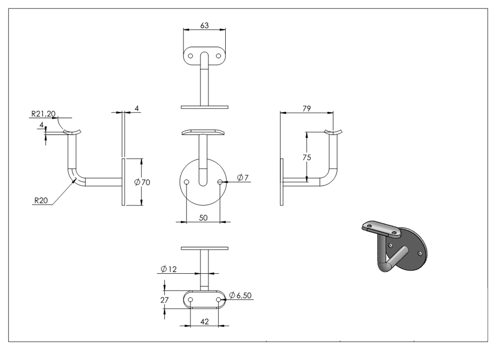 Handrail bracket | with round plate 70x4 mm | with retaining plate f | steel S235JR, raw