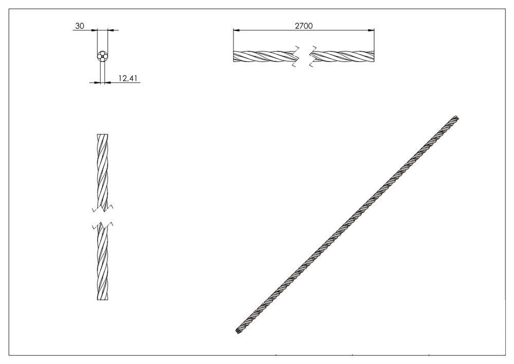 Reepered handrail | Material: Ø 30 mm | Length: 2700 mm | Steel (Raw) S235JR