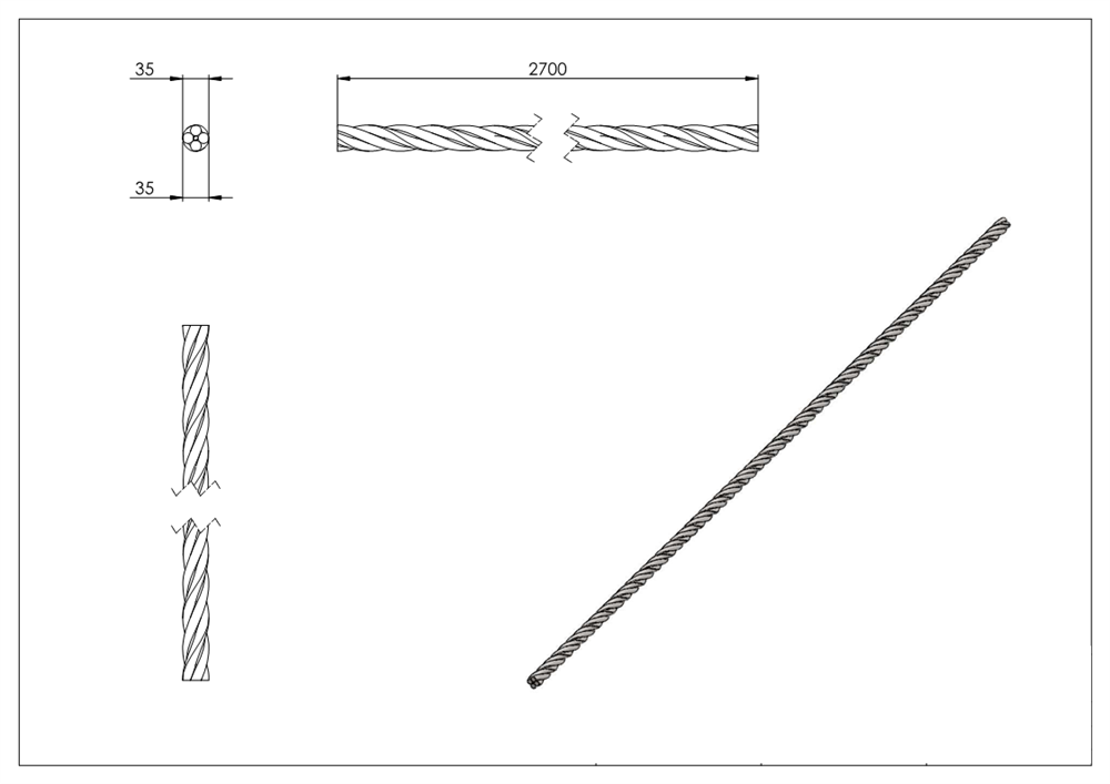 Reepered handrail | Material: Ø 35 mm | Length: 2700 mm | Steel (Raw) S235JR