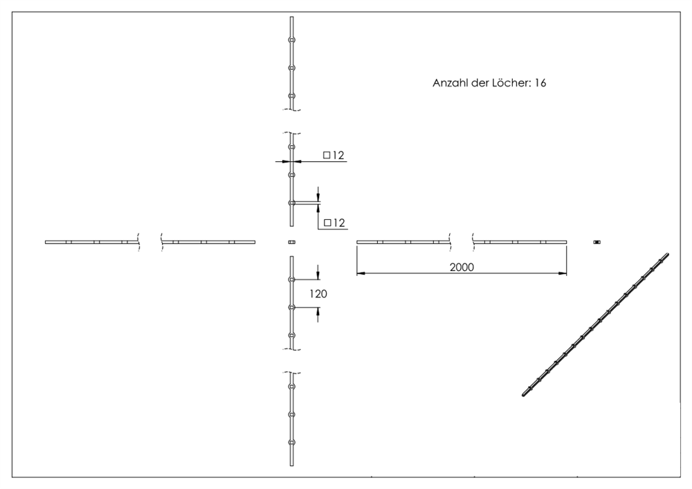 Hole bar | for square tube | material: 12x12 mm | length: 2000 mm | steel S235JR, raw