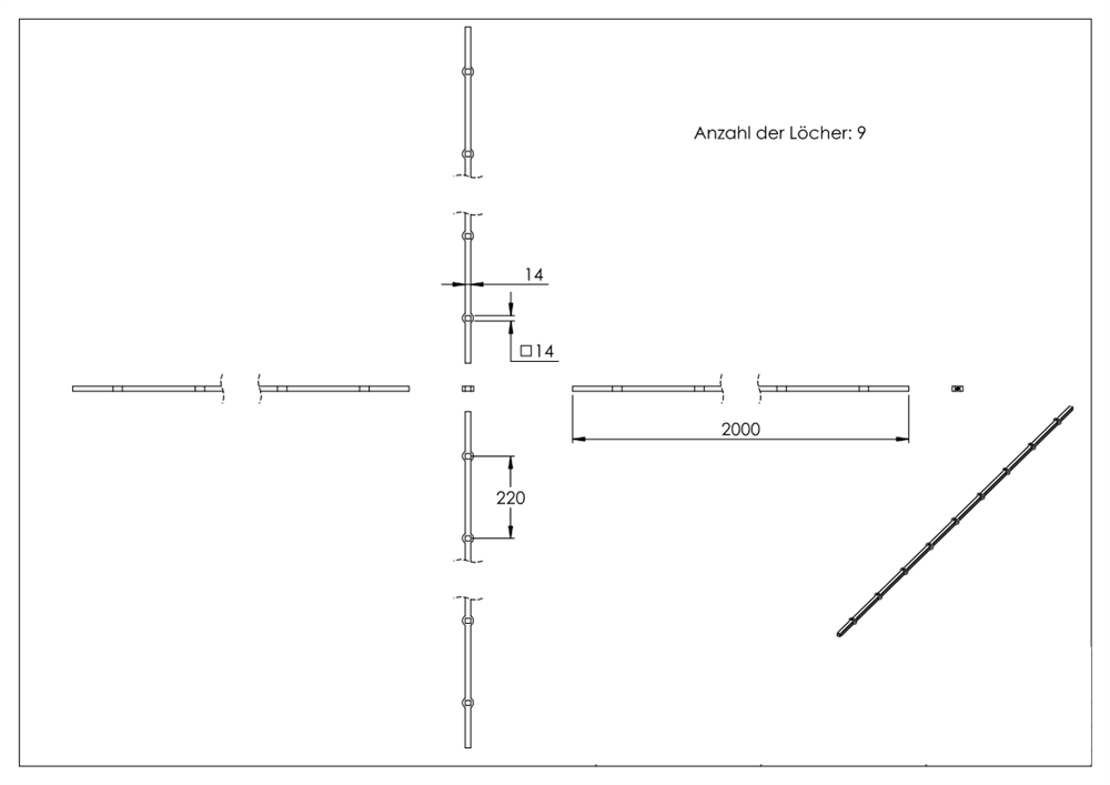 Hole bar | for square tube | material: 14x14 mm | length: 2000 mm | steel S235JR, raw