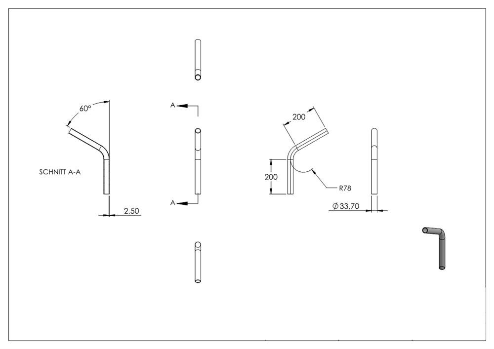 Steel pipe bend | 60° | 33.7x2.5 mm | Steel S235JR, raw