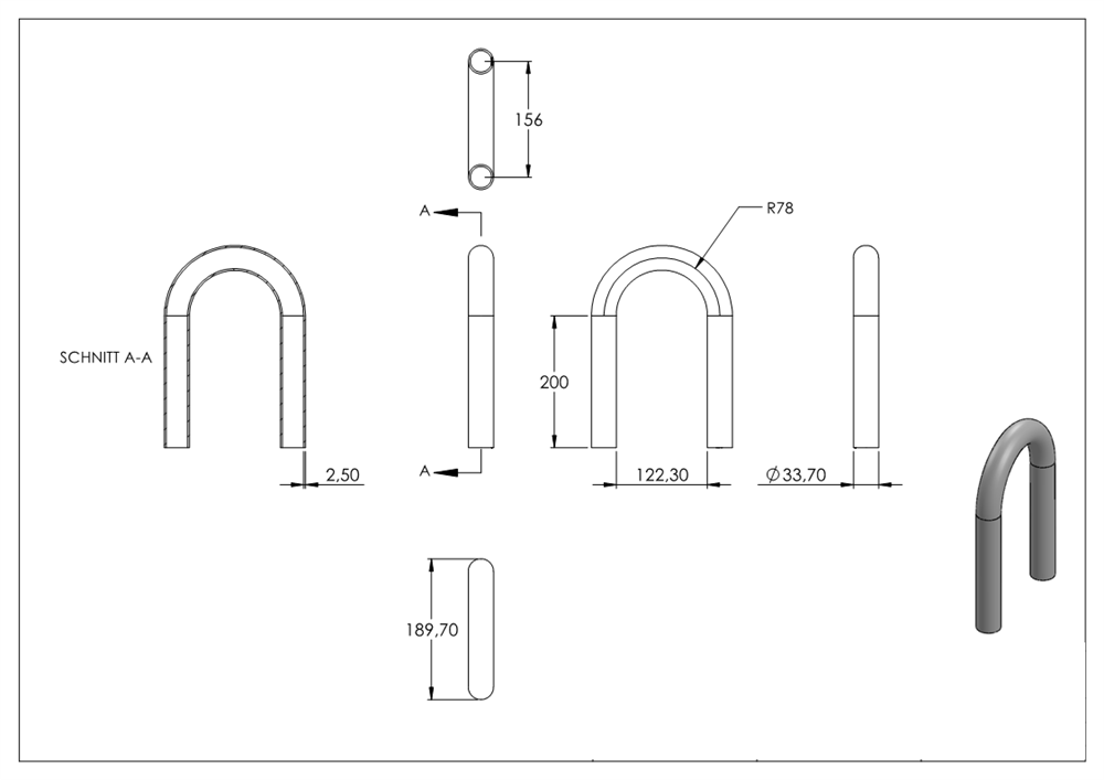 Steel pipe elbow | 180° | 33.7x2.5 mm | Steel S235JR, raw