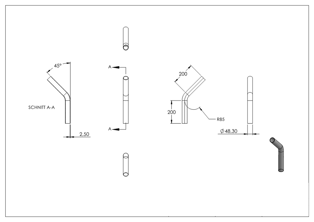 Steel pipe bend | 45° | 48.3x2.5 mm | Steel S235JR, raw