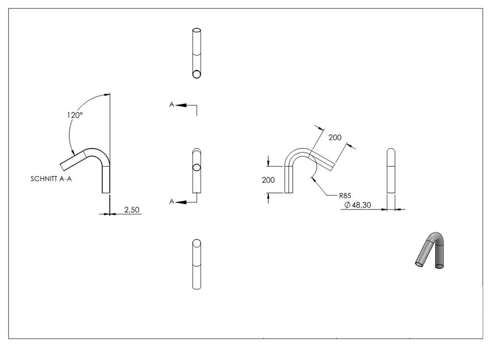 Steel pipe bend | 120° | 48.3x2.5 mm | Steel S235JR, raw