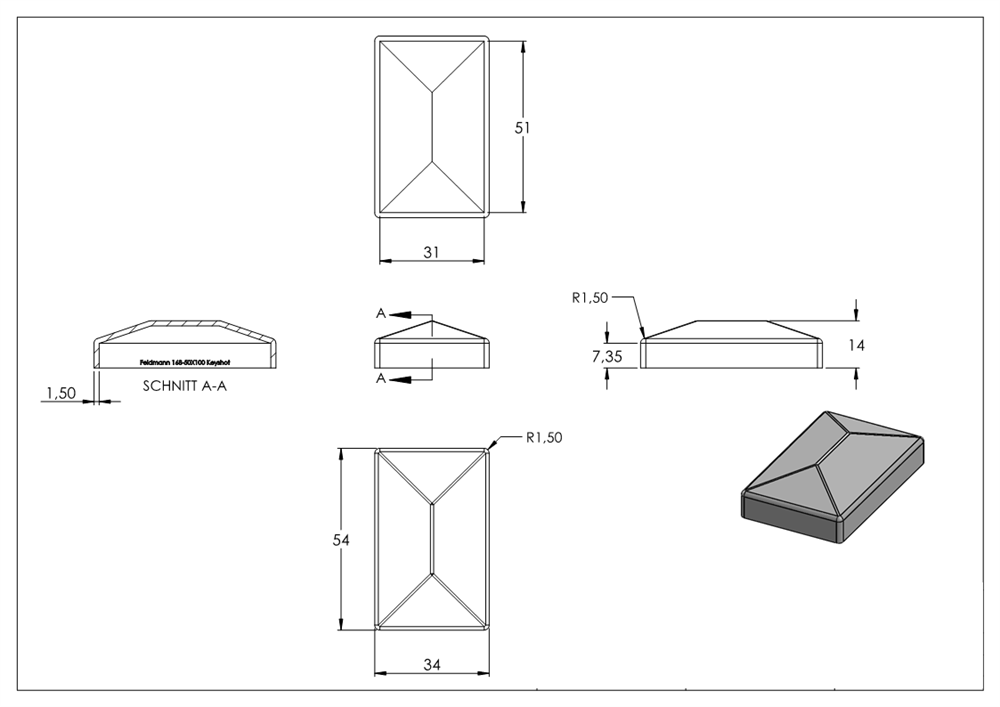 Pier cover | for rectangular tube | dimensions: 50x30 mm | steel S235JR, raw