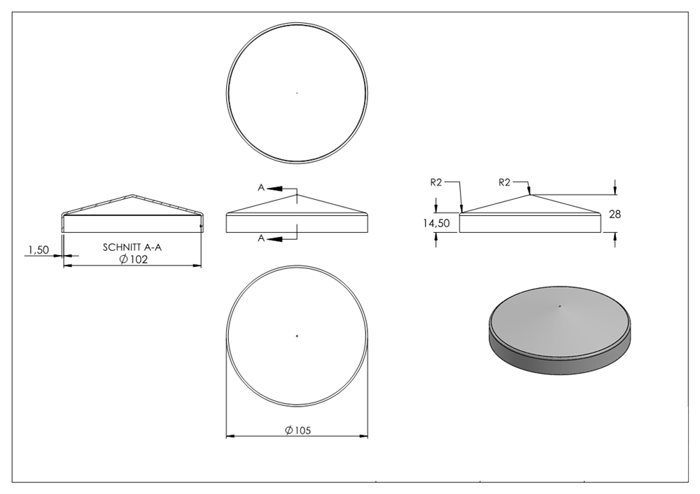 Cover cap | for round tube | Ø 101.6 mm | steel S235JR, raw