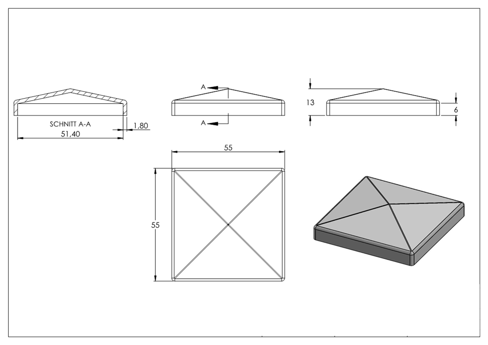 Pier cover | for square tube | dimensions: 50x50 mm | steel S235JR, raw