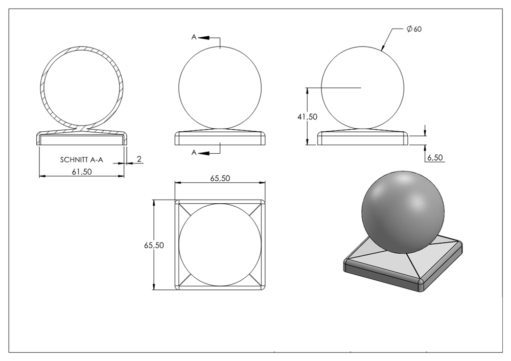 Pier cover for square tube | 60x60 mm | with ball Ø 60 mm | steel (raw) S235JR