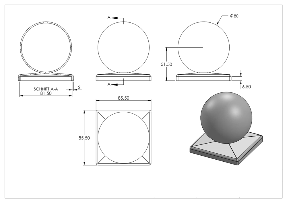 Pier cover for square tube | 80x80 mm | with ball Ø 80 mm | steel (raw) S235JR